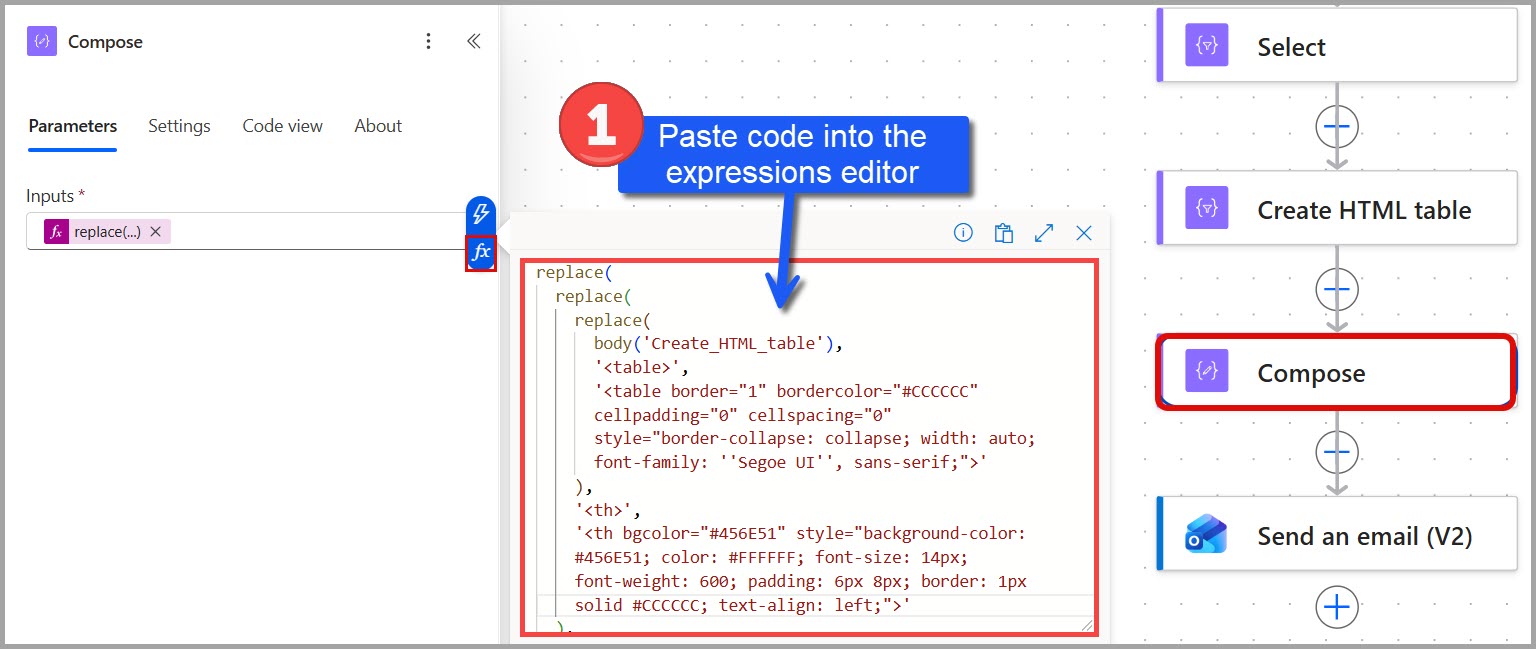 Pasting the generated expression into the Compose action's Expression (fx) field in Power Automate
