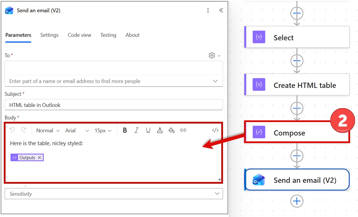 Using the Compose output as the email body in a Send an Email action in Power Automate
